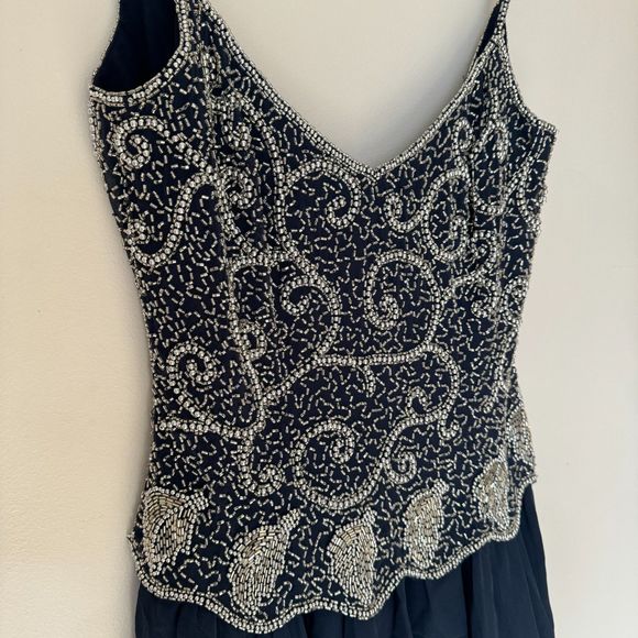 Vintage Oleg Cassini Navy 100% Silk Silver Pearl Beaded Party Dress | Sz 8 - Picture 7 of 14